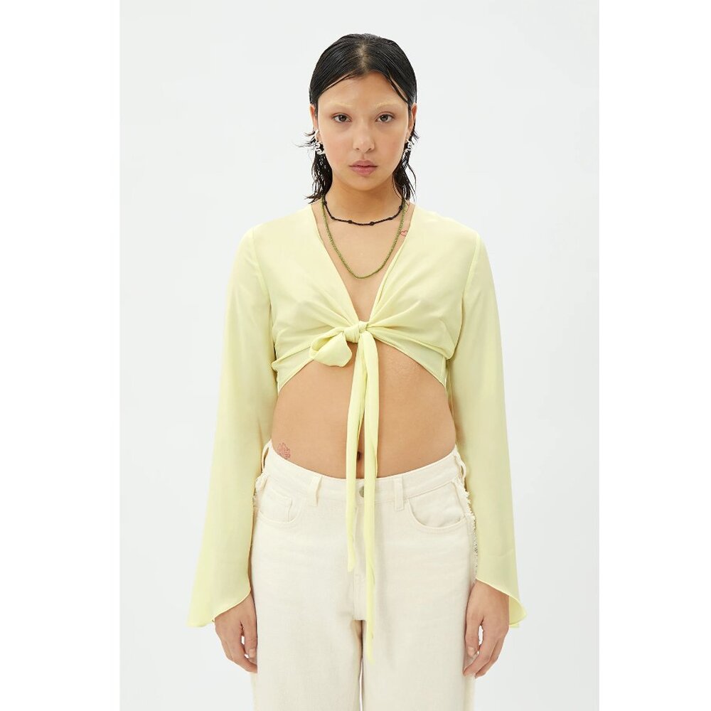 WEEKDAY Susie Cropped Chiffon Tie Top with Bell Sleeves (Dusty Yellow, XS)